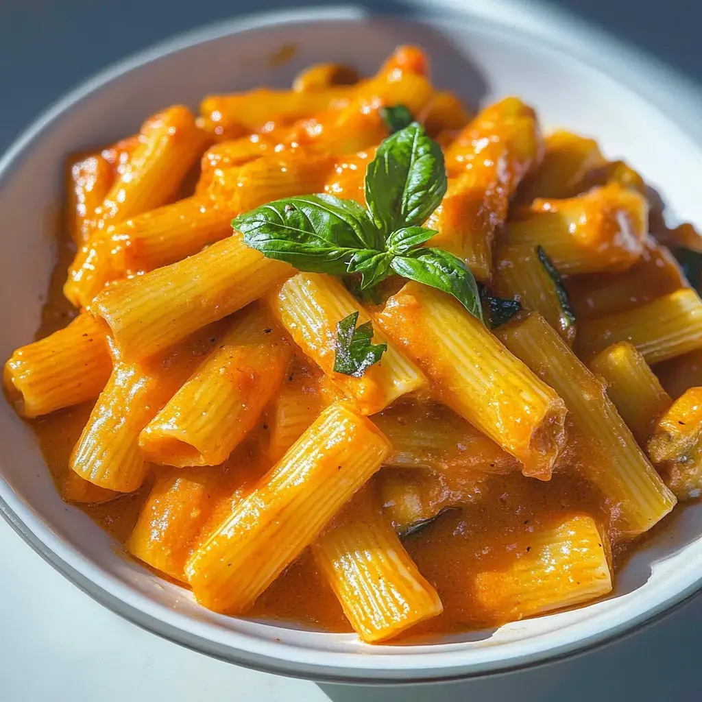 Big bowl of rigatoni pasta covered with creamy tomato sauce and fresh basil leaves on top.
