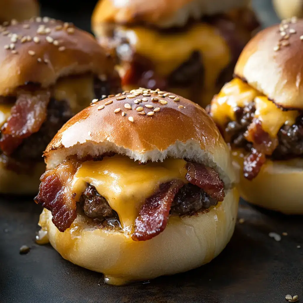 A close shot of melty cheese and bacon packed into a golden bun.