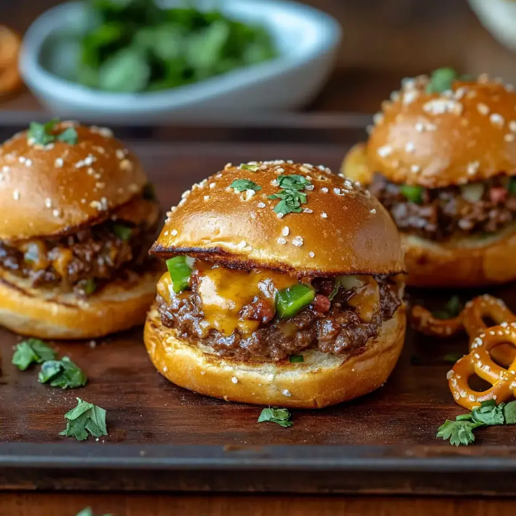Three cheesy mini sliders lounging on a wooden tray, dressed with fresh herbs, melty cheese, jalapeño rings, and surrounded by salty pretzels.