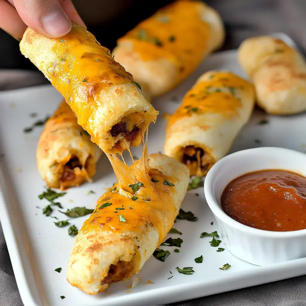 Somebody picks up a gooey, cheese-stuffed tortilla, showing oozing cheese and several more on the plate, plus a little bowl of dip.