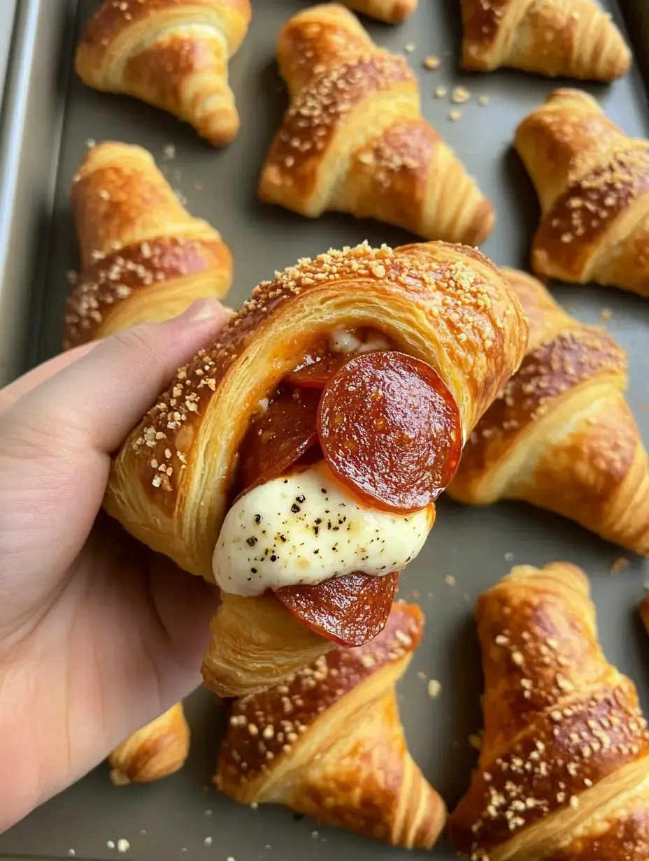 Someone holding a warm croissant packed with cheesy pepperoni, more rolls in the back.