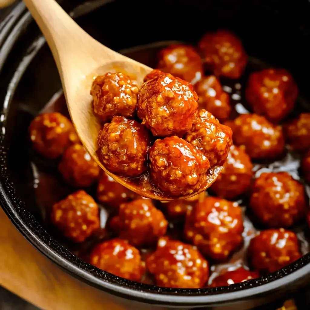 Several sticky glazed meatballs on a wooden spoon held above a saucy pot of meatballs.