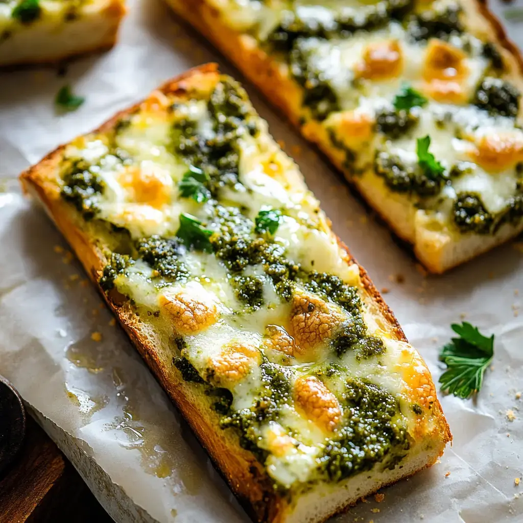 Cheesy pesto bread slices on parchment, topped with parsley, close up.