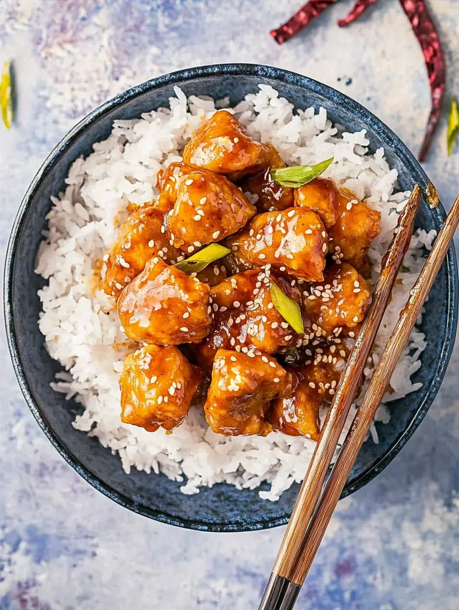 Crispy golden chicken over white rice with a shiny glaze, sesame seeds, green onions, and chopsticks beside it.