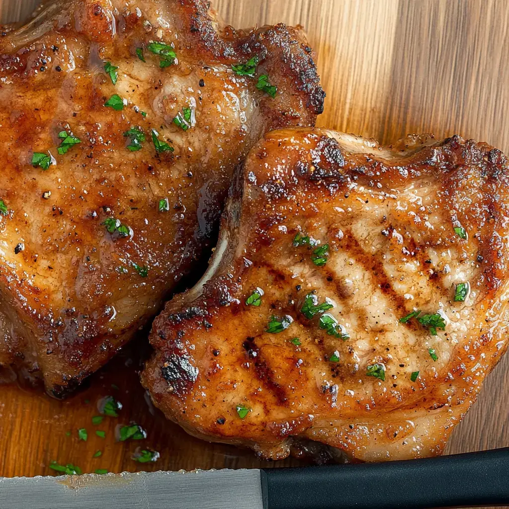Two pork chops with grill marks rest on a wooden board, sprinkled with fresh parsley.