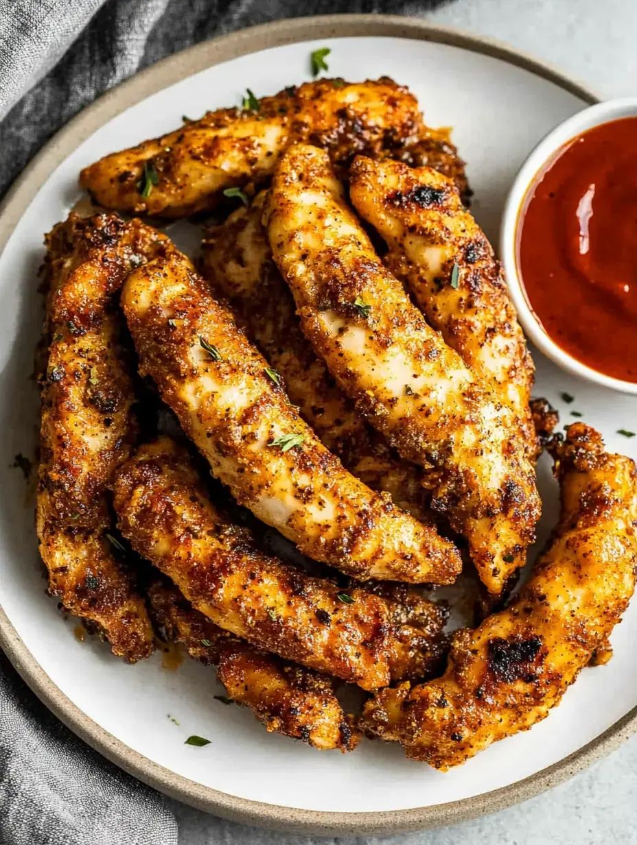 Golden-brown chicken strips next to a dipping sauce on a plate.