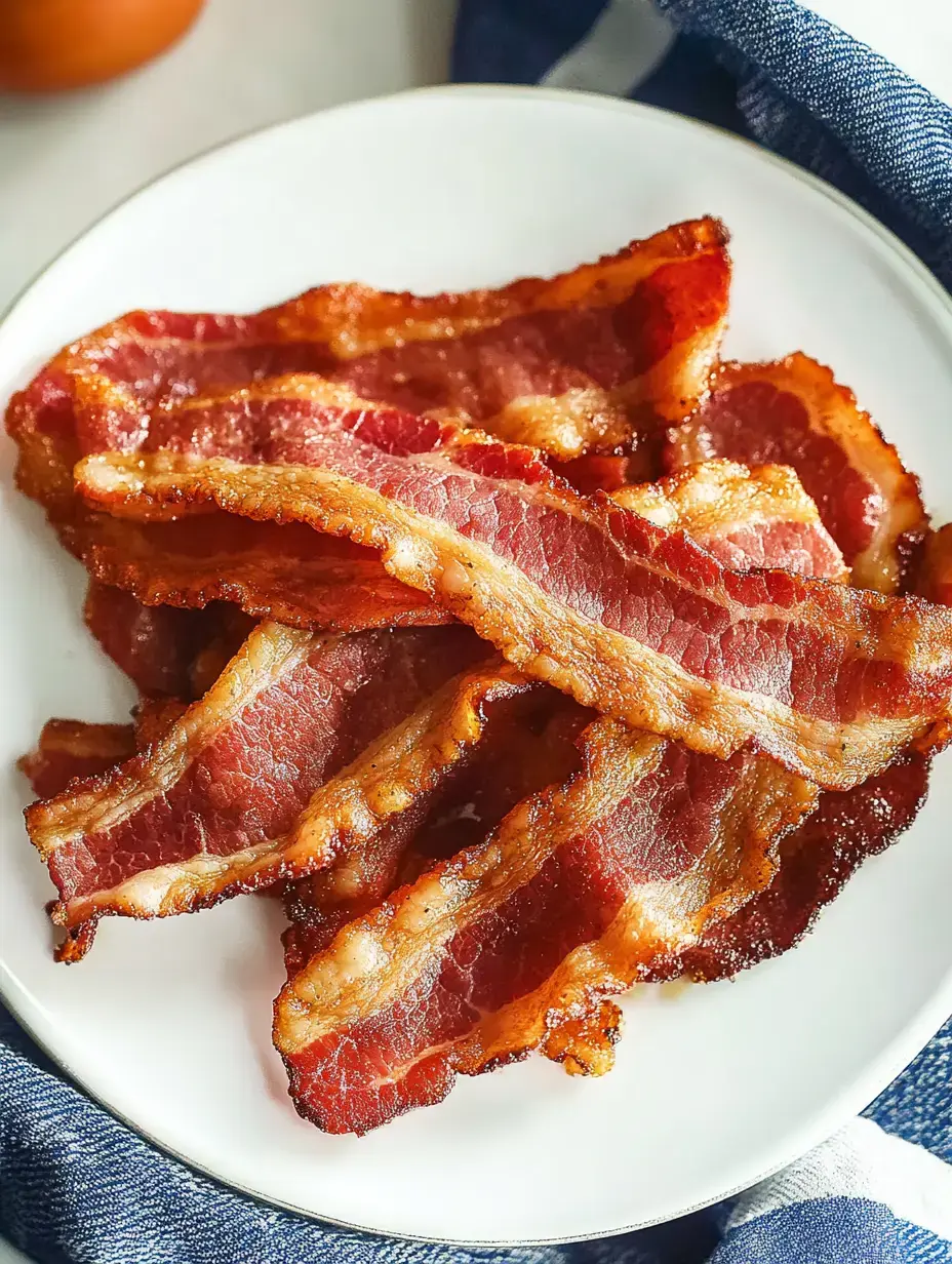Neatly arranged golden-brown bacon strips on a plate.