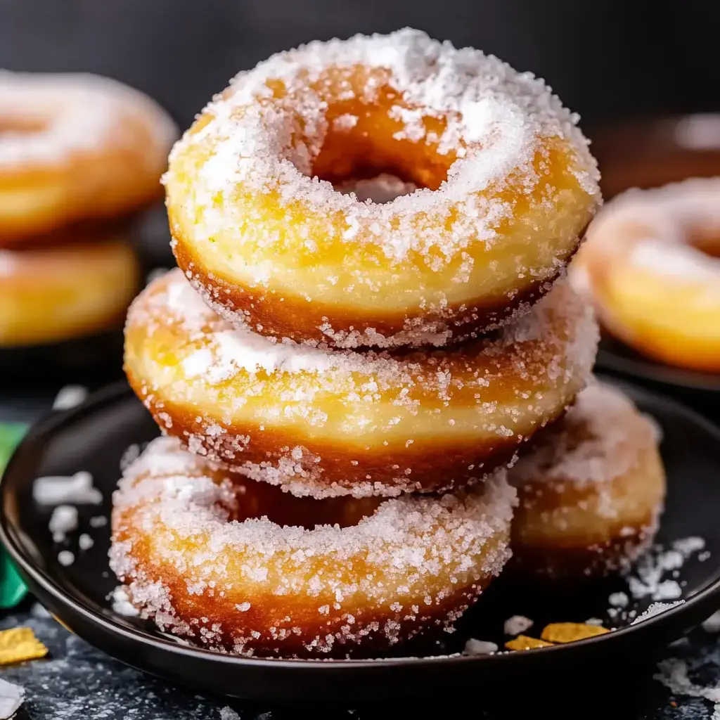 Four sugar-dusted donuts stacked on a black plate with more donuts blurred in the background.