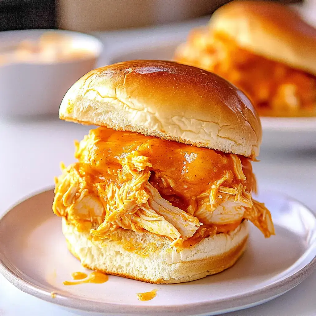 Check out a close-up of soft buns stuffed with shredded saucy chicken, all gooey from cheese and ready to eat.