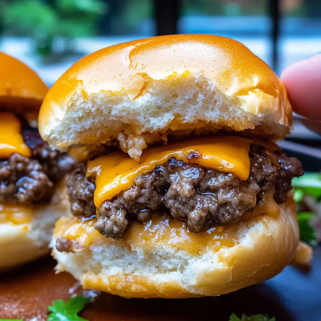 Close shot of a cheesy burger with juicy beef and melted cheese sandwiched between squishy buns.