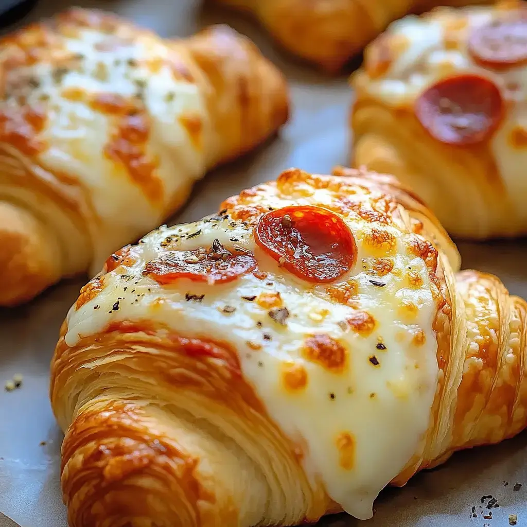 Golden croissants close up with gooey cheese, pepperoni on top, and fresh herbs sprinkled on.