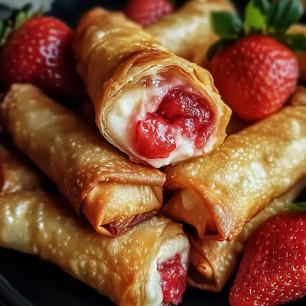 Super close shot of crunchy rolled pastries bursting with cream and strawberry, plus some fresh berries on the side.