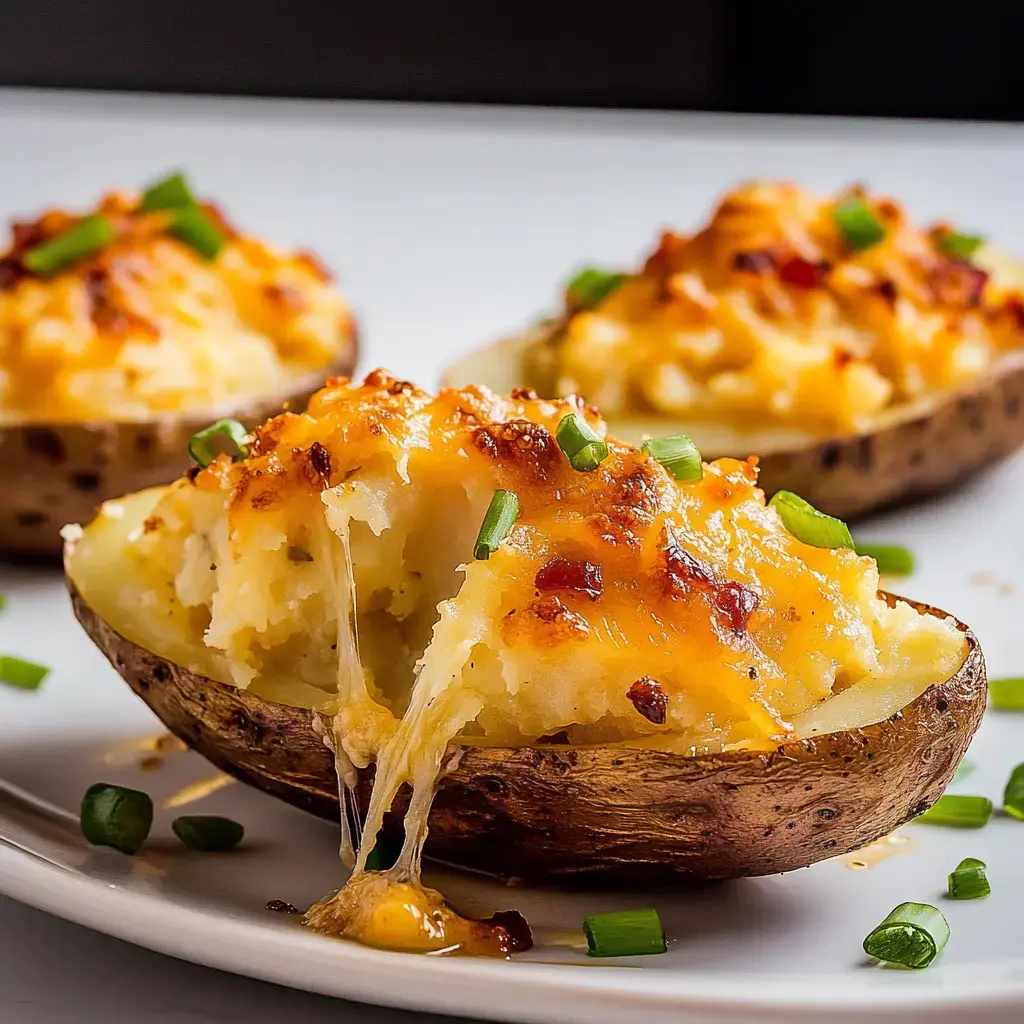Three potato halves sitting on a plate with gooey cheese, green onions and a crispy cheesy top, with one half oozing cheese.
