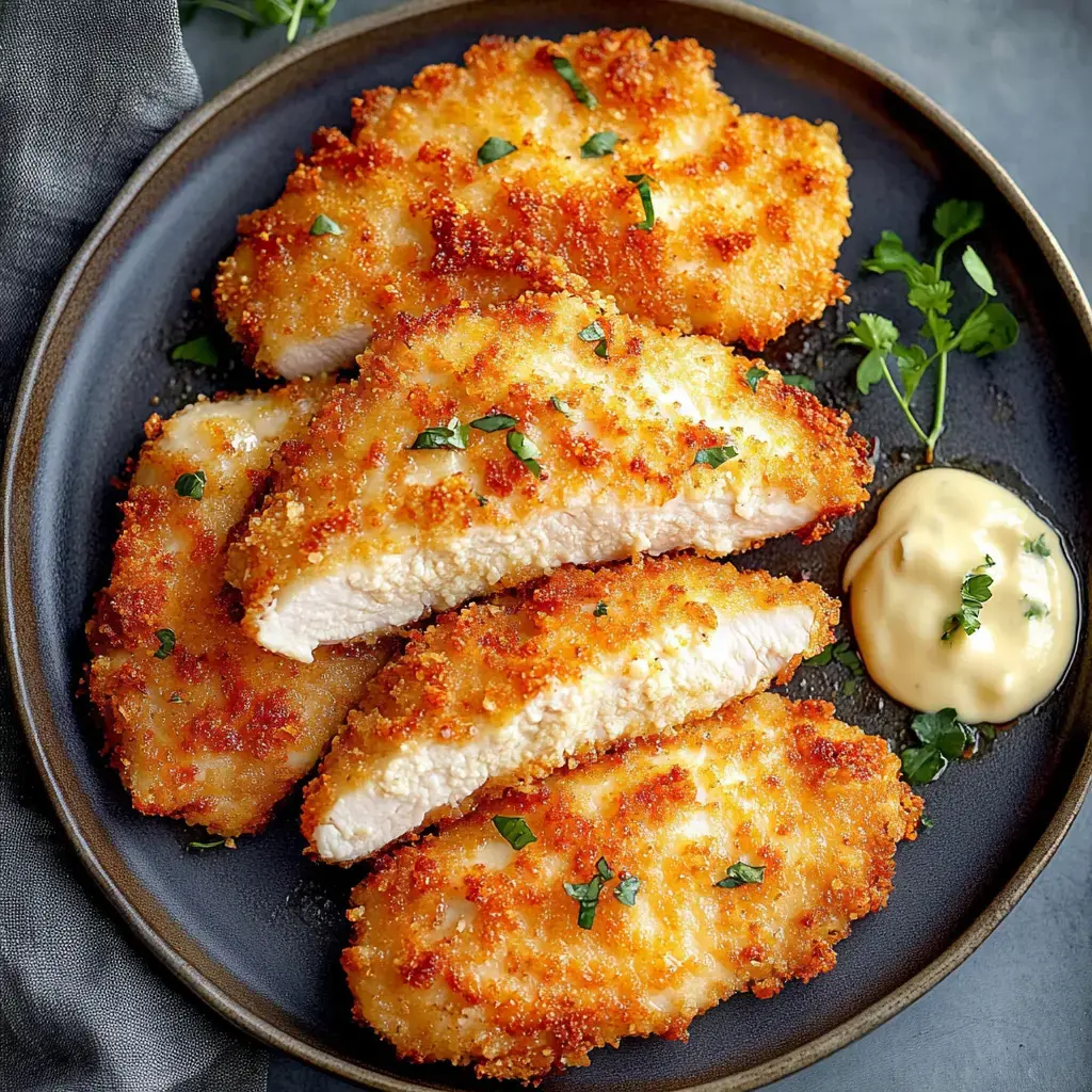 Crispy fried chicken fillets on a plate, sprinkled with parsley and served with a scoop of mayo.