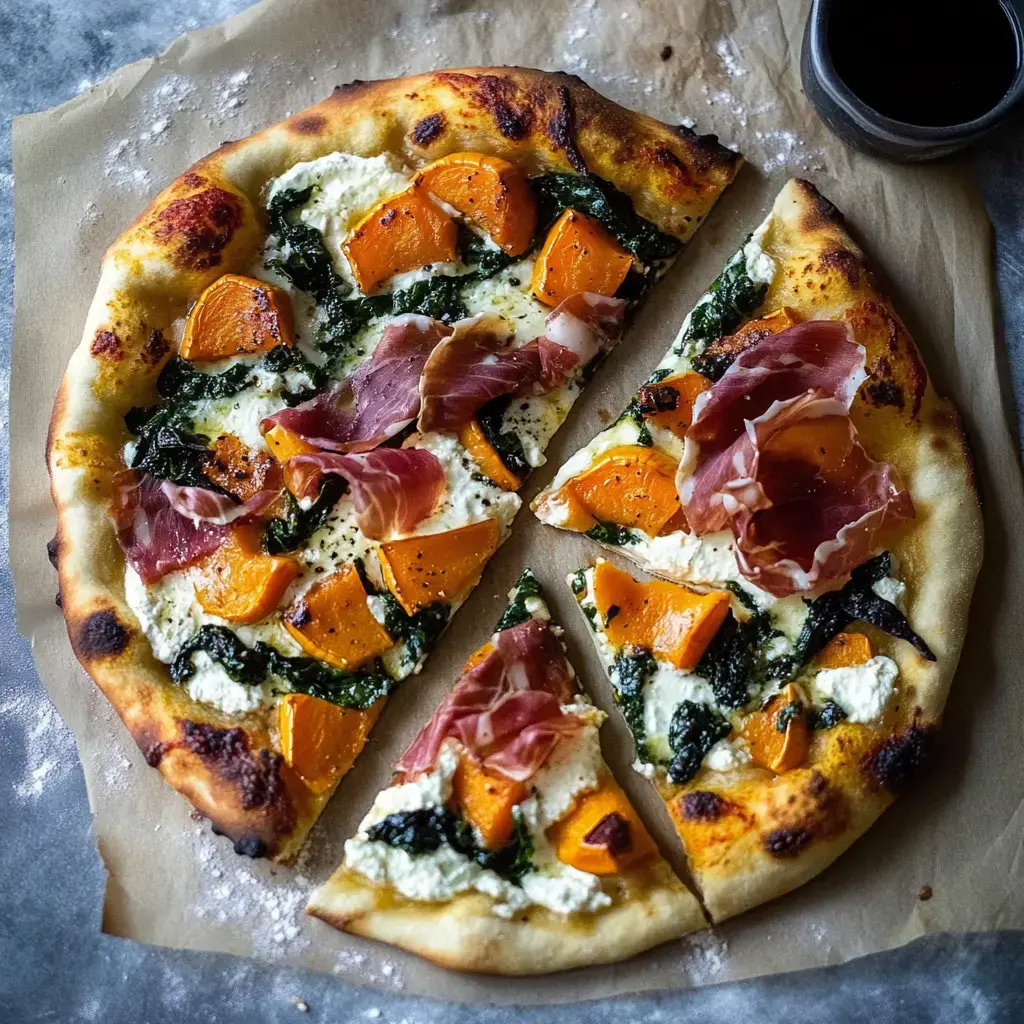 A freshly cooked pizza with roasted squash, kale, burrata, and prosciutto on parchment paper, some slices removed.