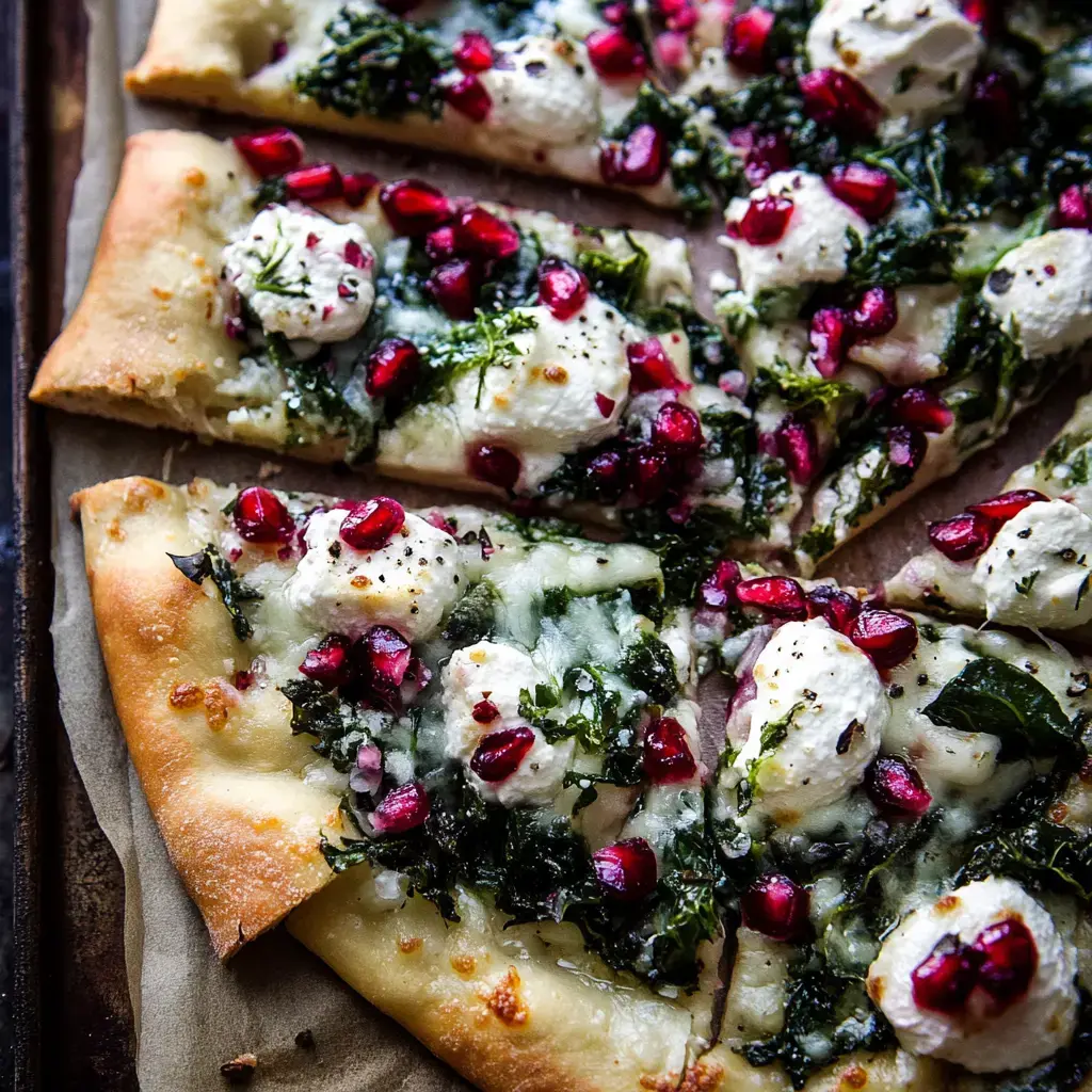 Close view of a flatbread slice topped with greens, pomegranate, and cheese.