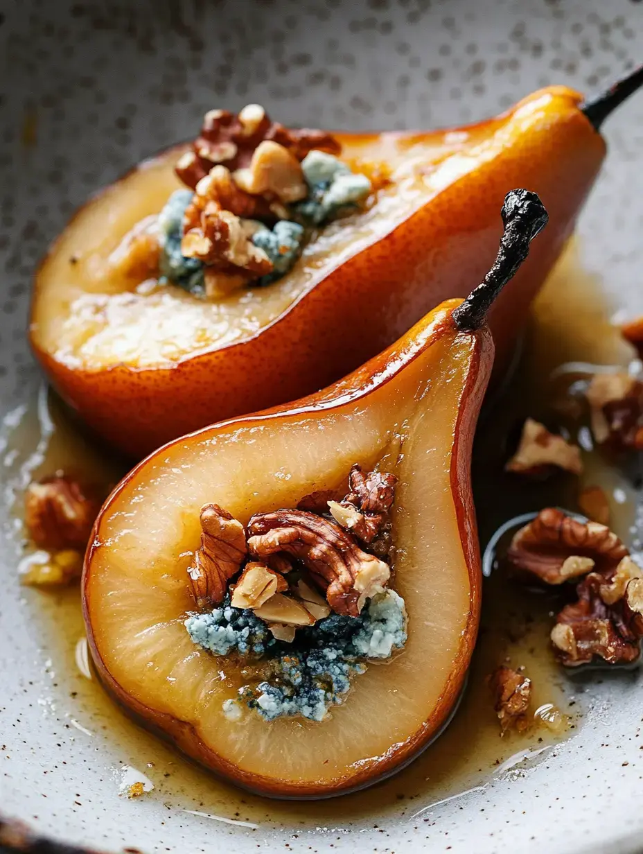 Close-up of baked pear halves with nuts and cheese in a shallow dish.