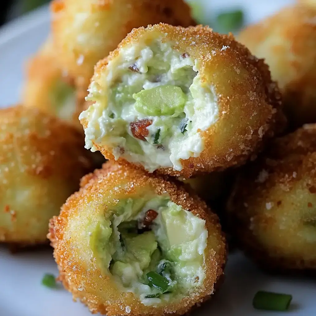 Close-up of golden fried bites with creamy avocado and bacon filling, one split open to show texture.