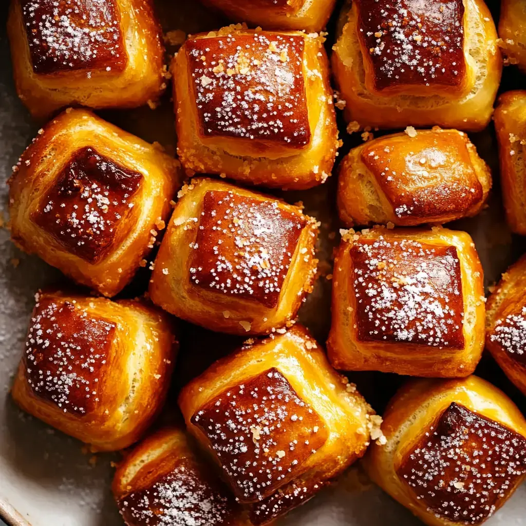 Close-up of golden-brown pretzel squares sprinkled lightly with sugar.