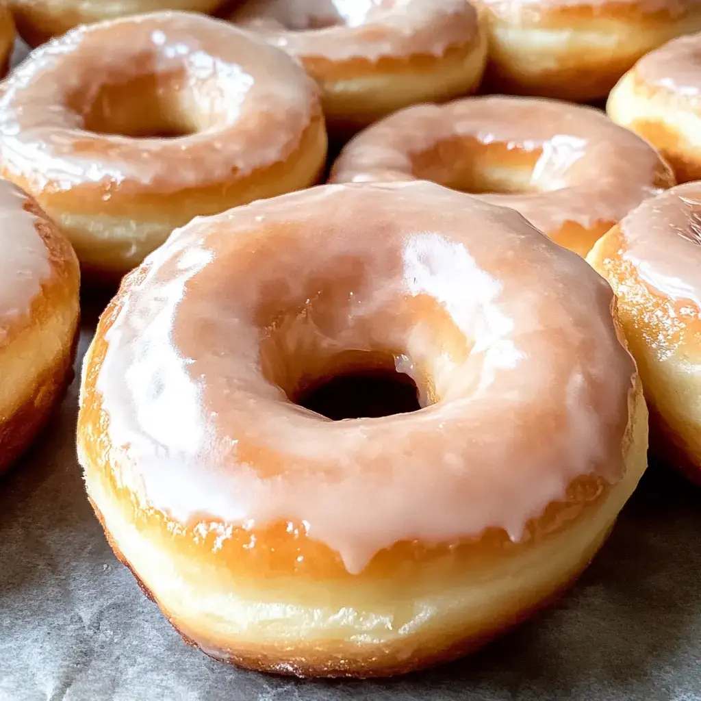 Zoomed-in shot of glazed donuts stacked neatly, their icing glossy and inviting, with visible fluffy texture.