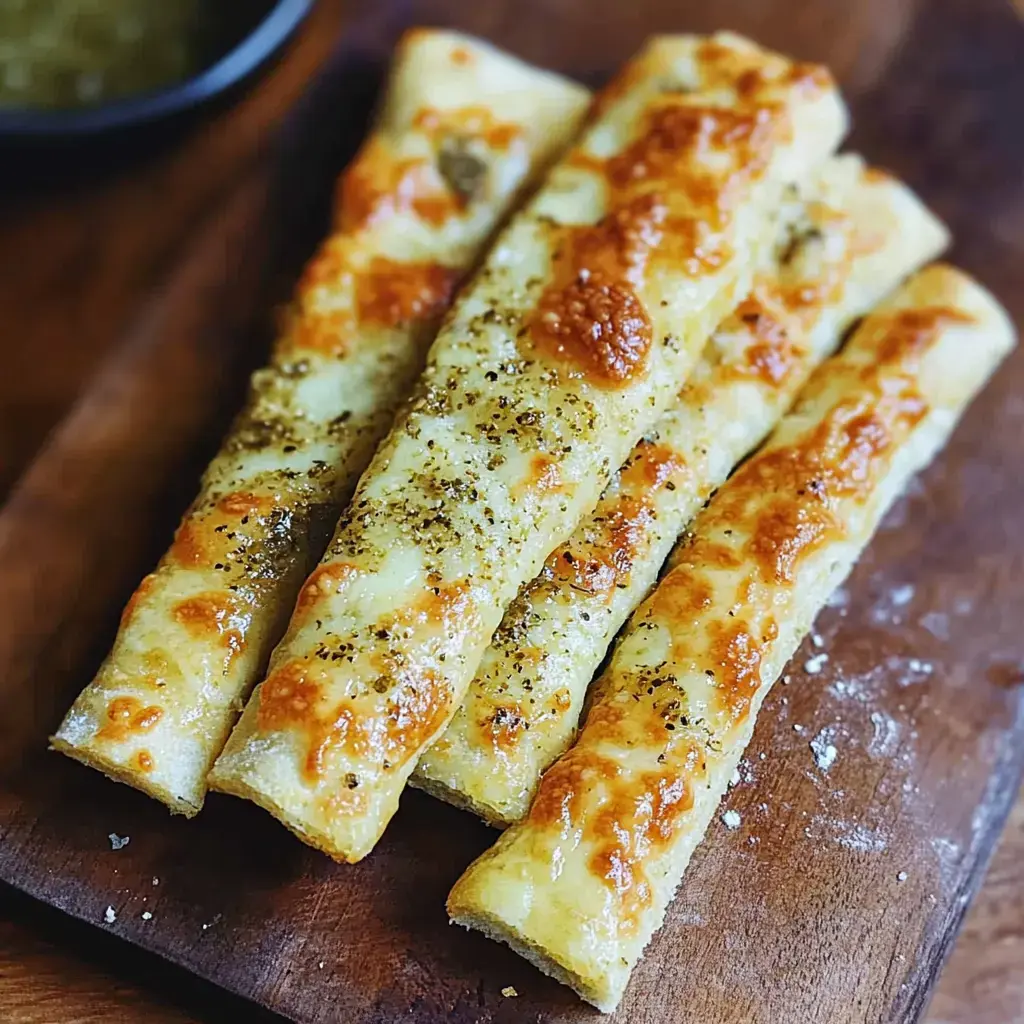 Four crispy cheese-covered breadsticks with herbs, sitting on a wooden board.
