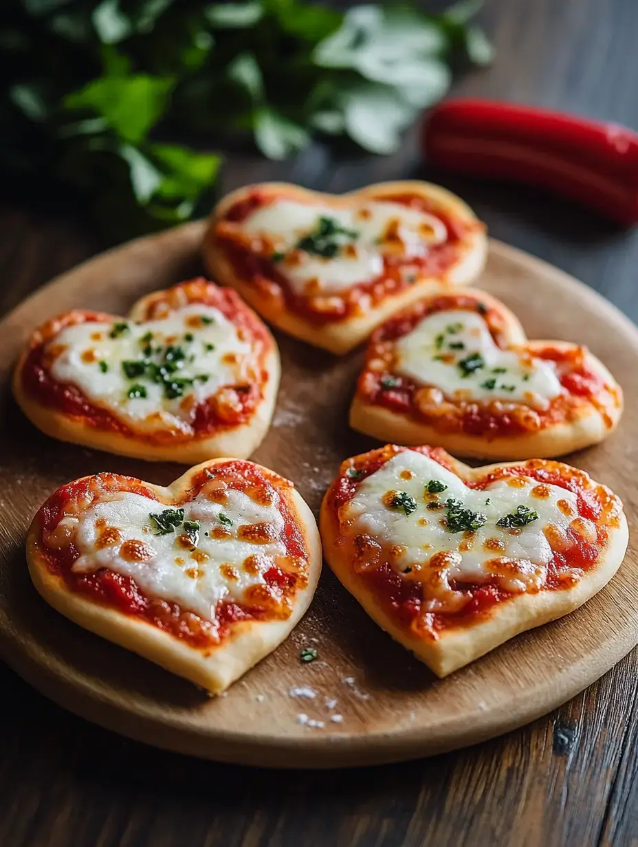 A wooden board displaying five heart-shaped pizzas with melted cheese and tomato sauce, sprinkled with herbs.