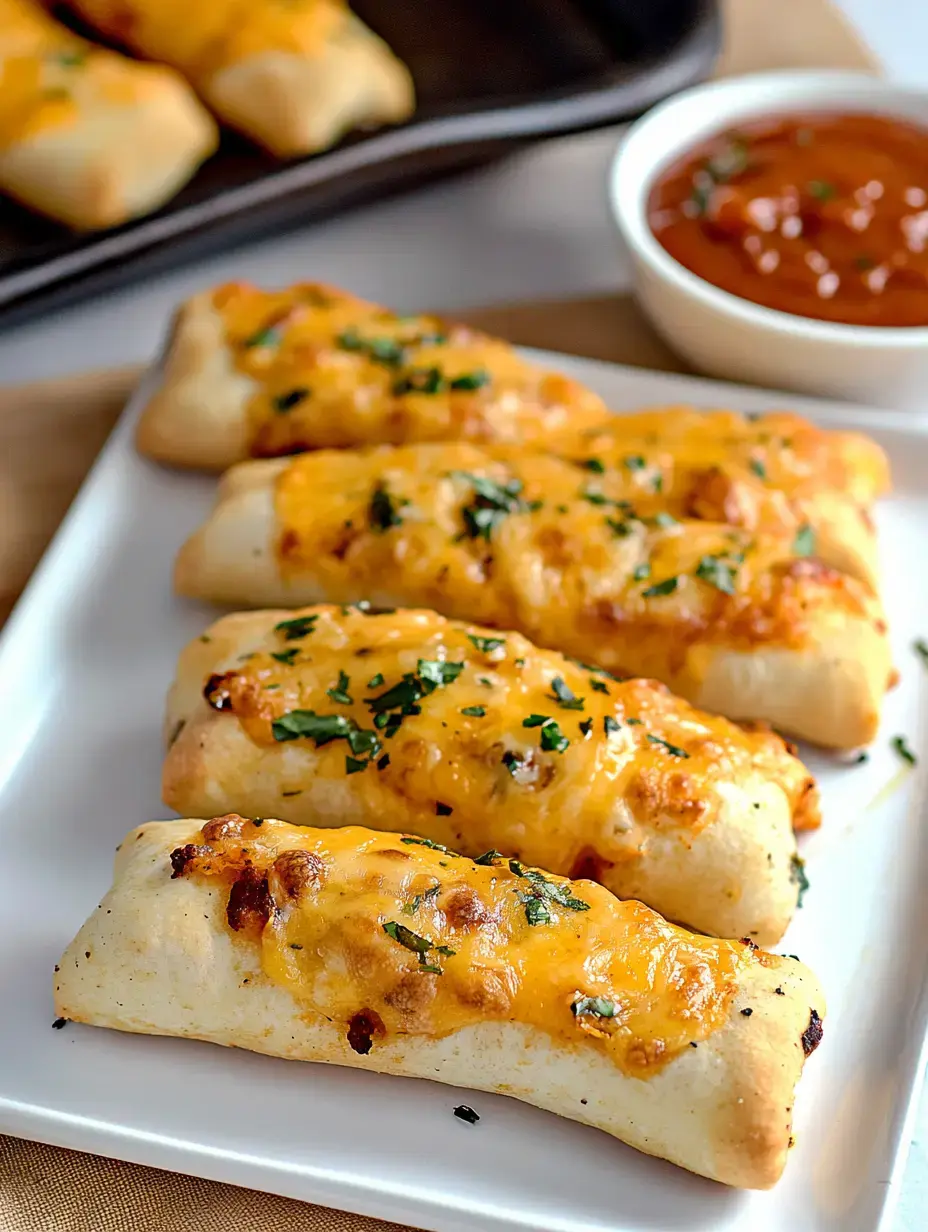 Plate stacked with four gooey cheese and beef sticks, bubbling with cheese, fresh herbs on top, and a bowl of red dipping sauce on the side.