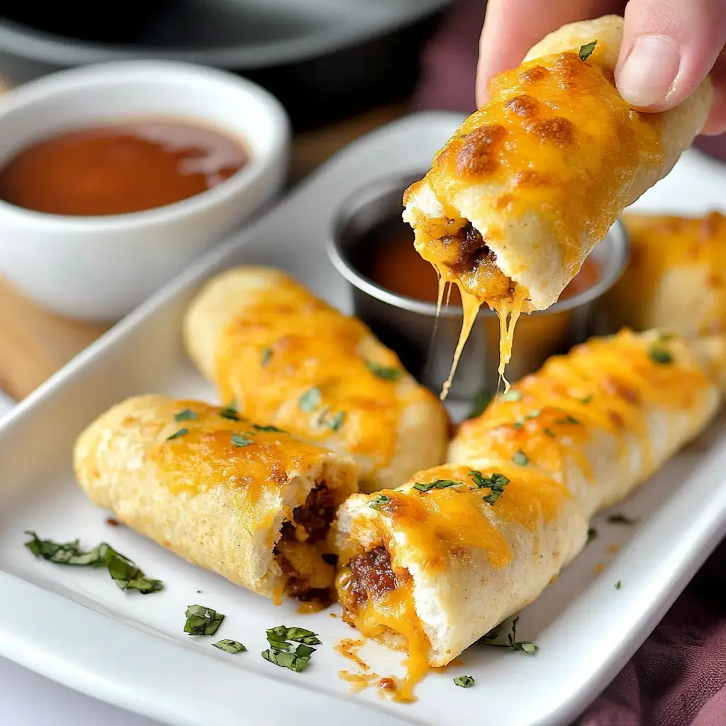 Someone lifting a cheesy, beefy roll above a plate, more rolls and dipping sauces filling the background.