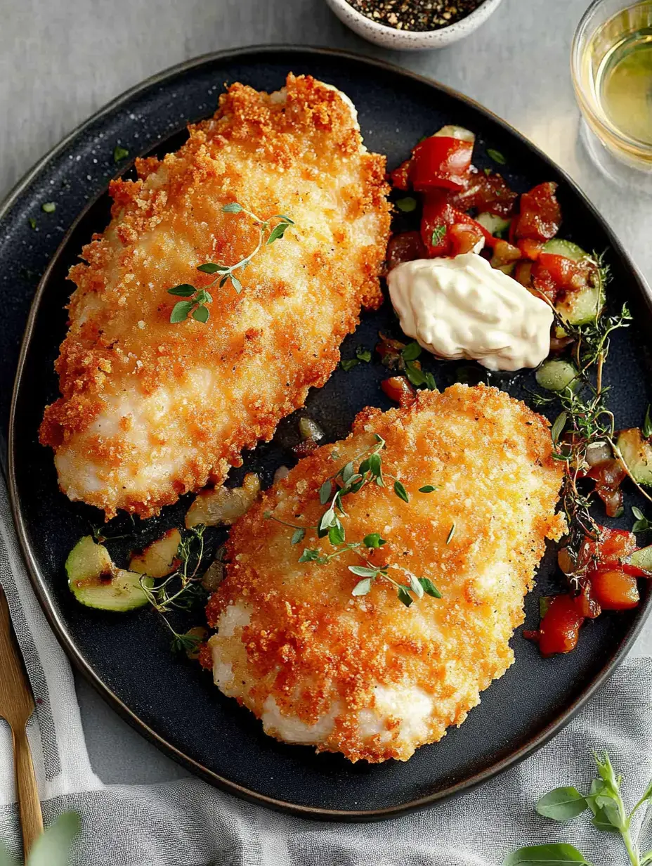 Two crunchy, breaded fish fillets on a black plate with fresh tomato cucumber salad and a spoonful of mayo, finished with herbs.