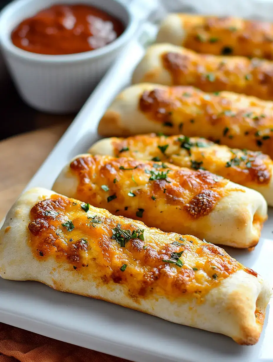 Plate piled with cheesy, toasted breadsticks and sprinkled with herbs, with a bowl of tomato sauce for dipping sitting nearby.