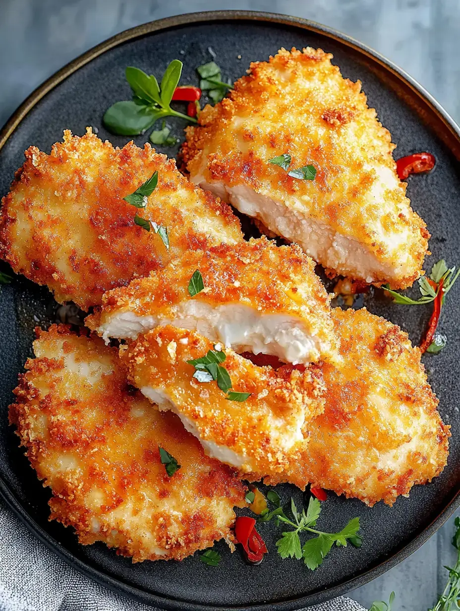 Plate topped with crispy chicken pieces, fresh chilis, and chopped herbs. Everything’s golden and ready to eat.