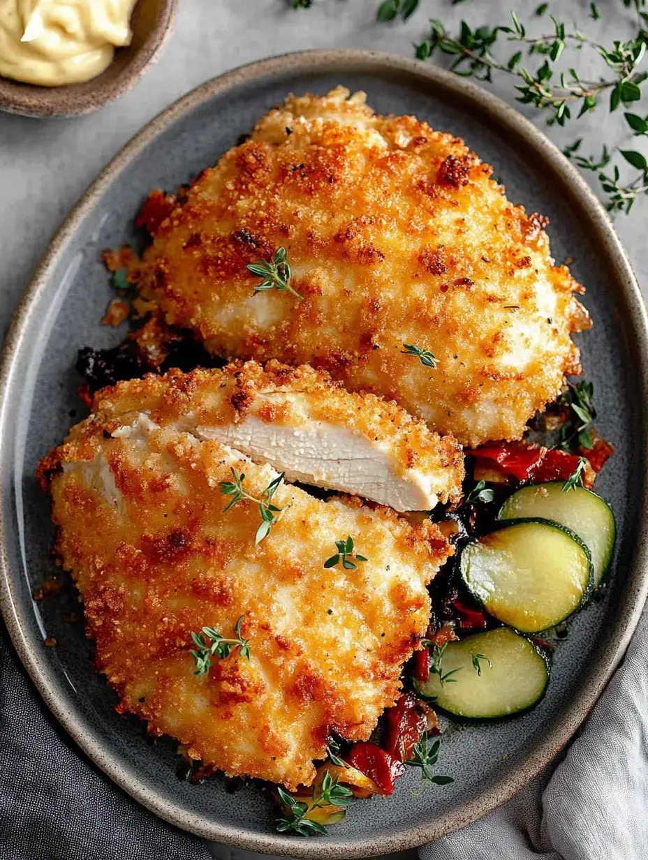 Juicy golden chicken cutlets stacked with sautéed veggies, sprigs of thyme, and a creamy dip on the side.