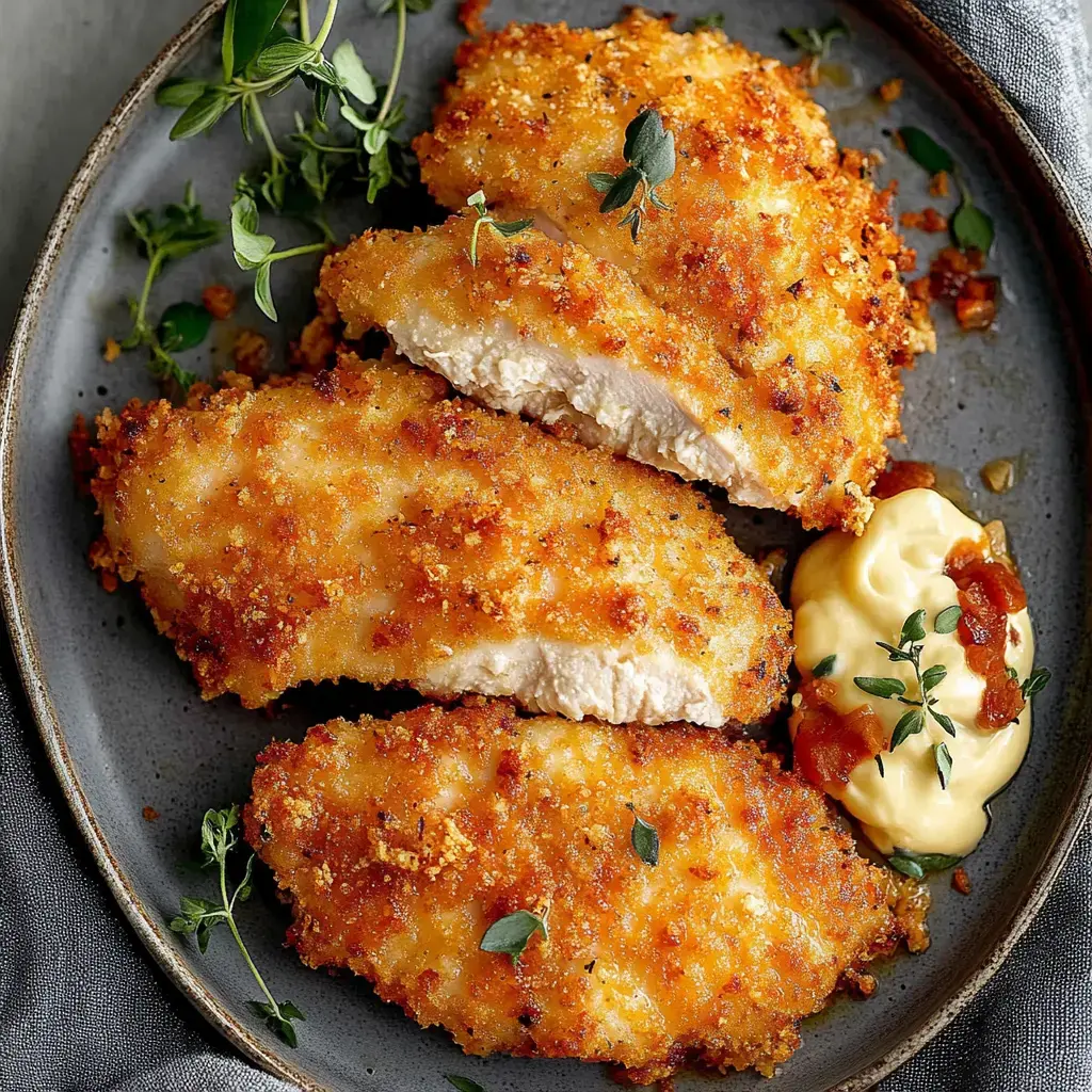 Golden, crunchy chicken fillets lined up with fresh herbs and creamy sauce—so inviting on a white plate.