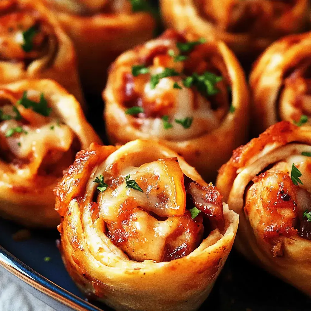Golden, cheesy rolled snacks packed with meat and topped with herbs, all up close.