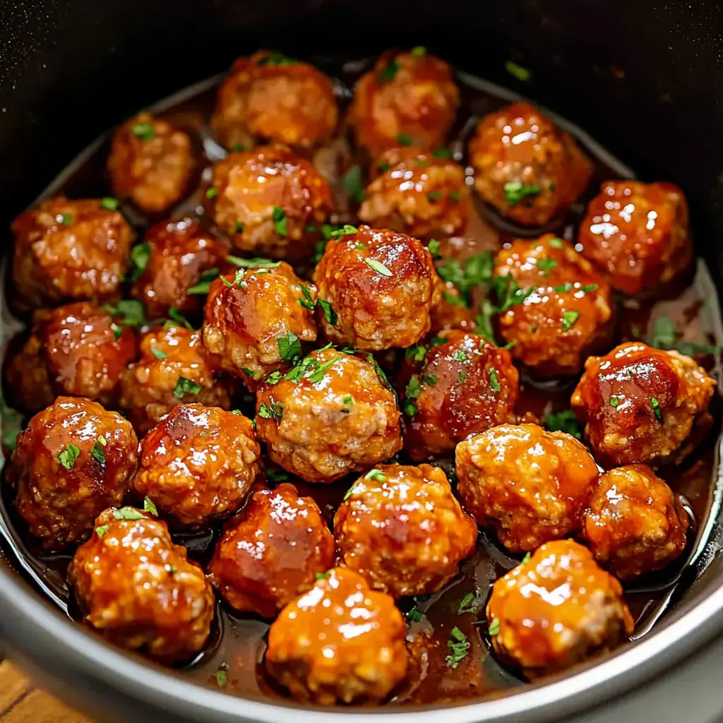 A black pot holds glossy meatballs in thick sauce, sprinkled with fresh parsley.