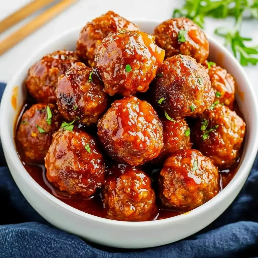 Glossy saucy meatballs with chopped herbs sit in a bowl, ready to eat.