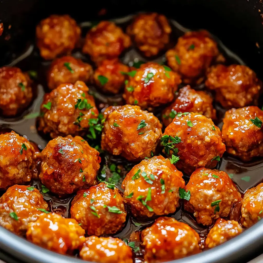A slow cooker filled with shiny meatballs and a sprinkle of parsley over dark, sticky sauce.