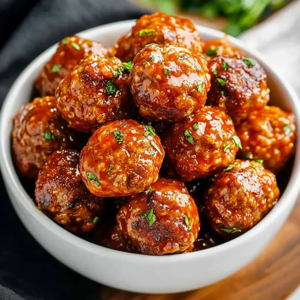 A big bowl of shiny, saucey meatballs covered with chopped parsley, ready to serve.