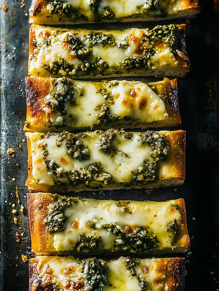 Freshly toasted slices topped with melty cheese and green pesto, all lined up on a pan for serving.