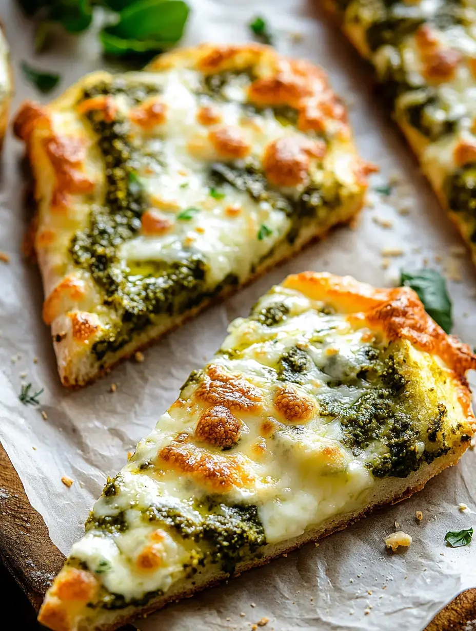 Slice of cheesy, pesto-topped bread sitting on parchment, looking exactly like a slice of loaded pizza.
