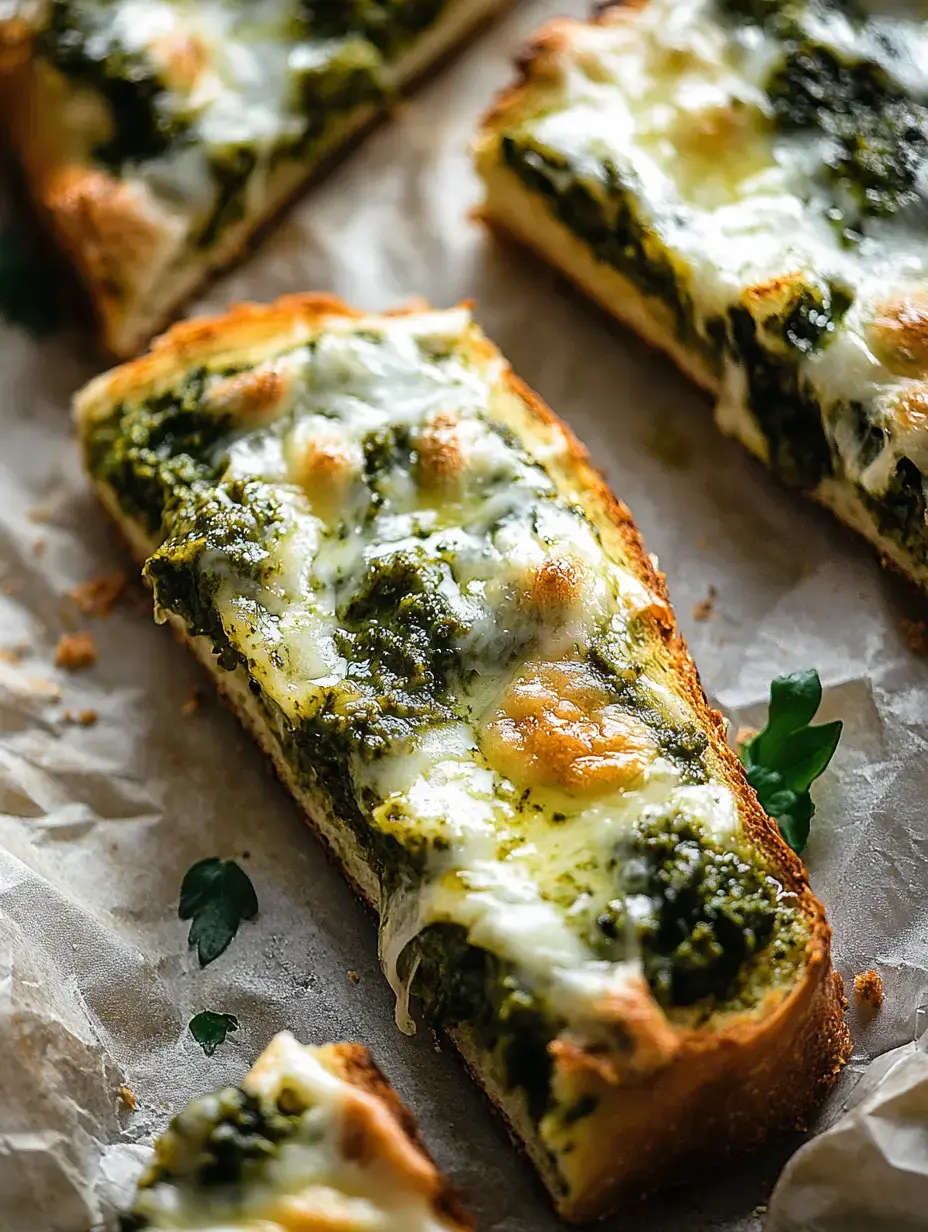 Toasted bread slices with gooey cheese and bright green pesto, topped with chopped fresh parsley for a pop of color.