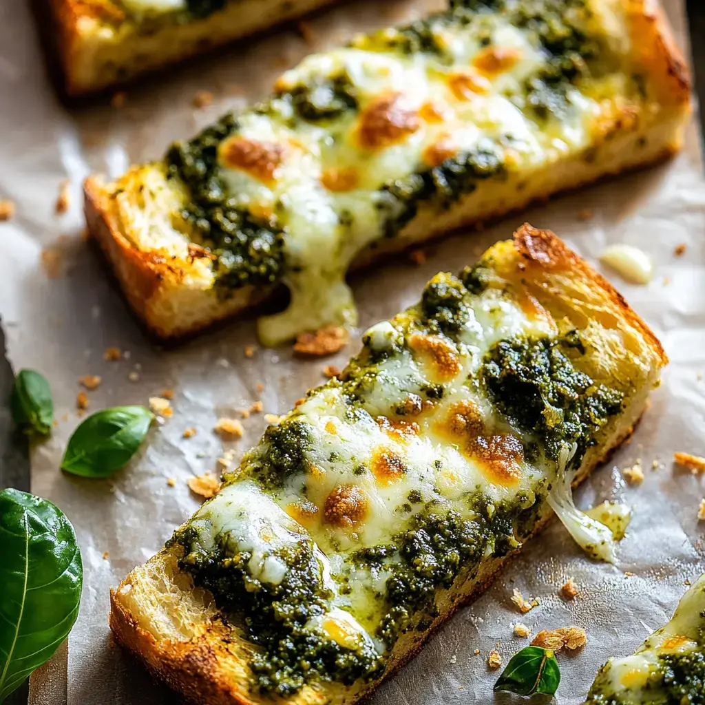 Three yummy pieces with gooey cheese and green pesto perched on top, resting on parchment with basil leaves for extra flavor.