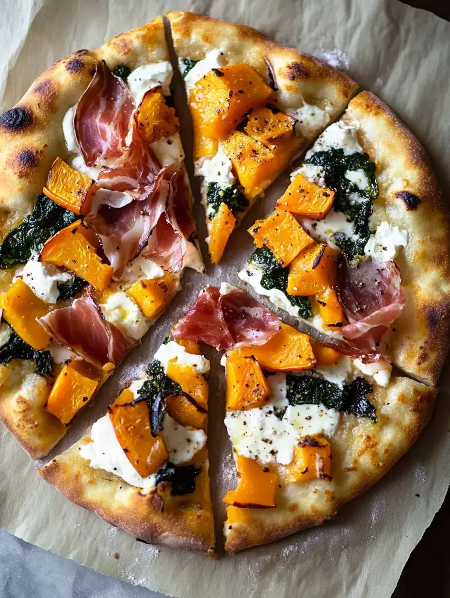 Pizza sliced up and loaded with butternut squash, airy cheese, salty prosciutto, and greens all sitting on parchment.
