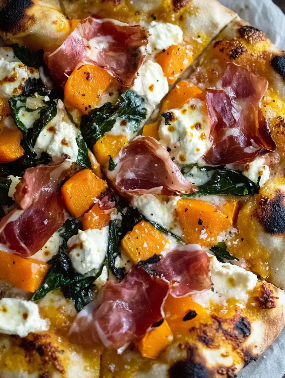 Gourmet pizza up-close with squash, spinach leaves, creamy cheese dollops, and slices of prosciutto sitting atop a crunchy looking crust.