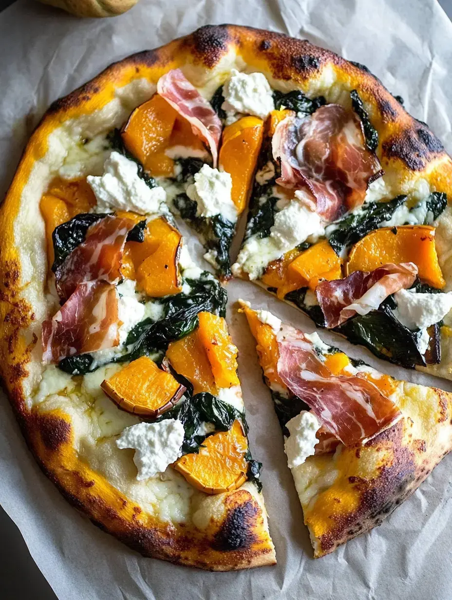 Hot-out-of-the-oven pizza covered with squash, prosciutto, creamy cheese, and wilted greens. One slice is already gone.
