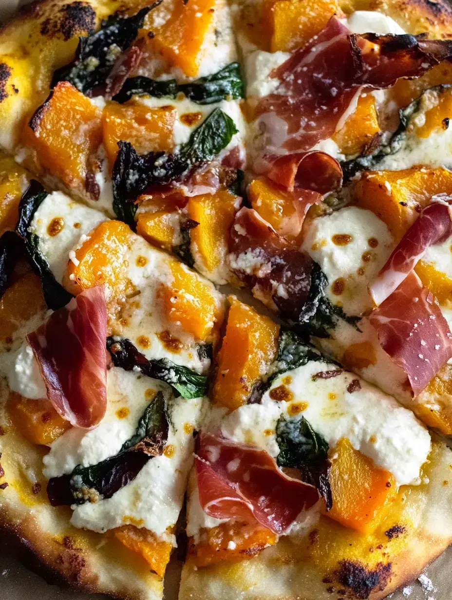 Fresh pizza piled with butternut squash, ricotta, spinach, and strips of prosciutto right out of the oven.