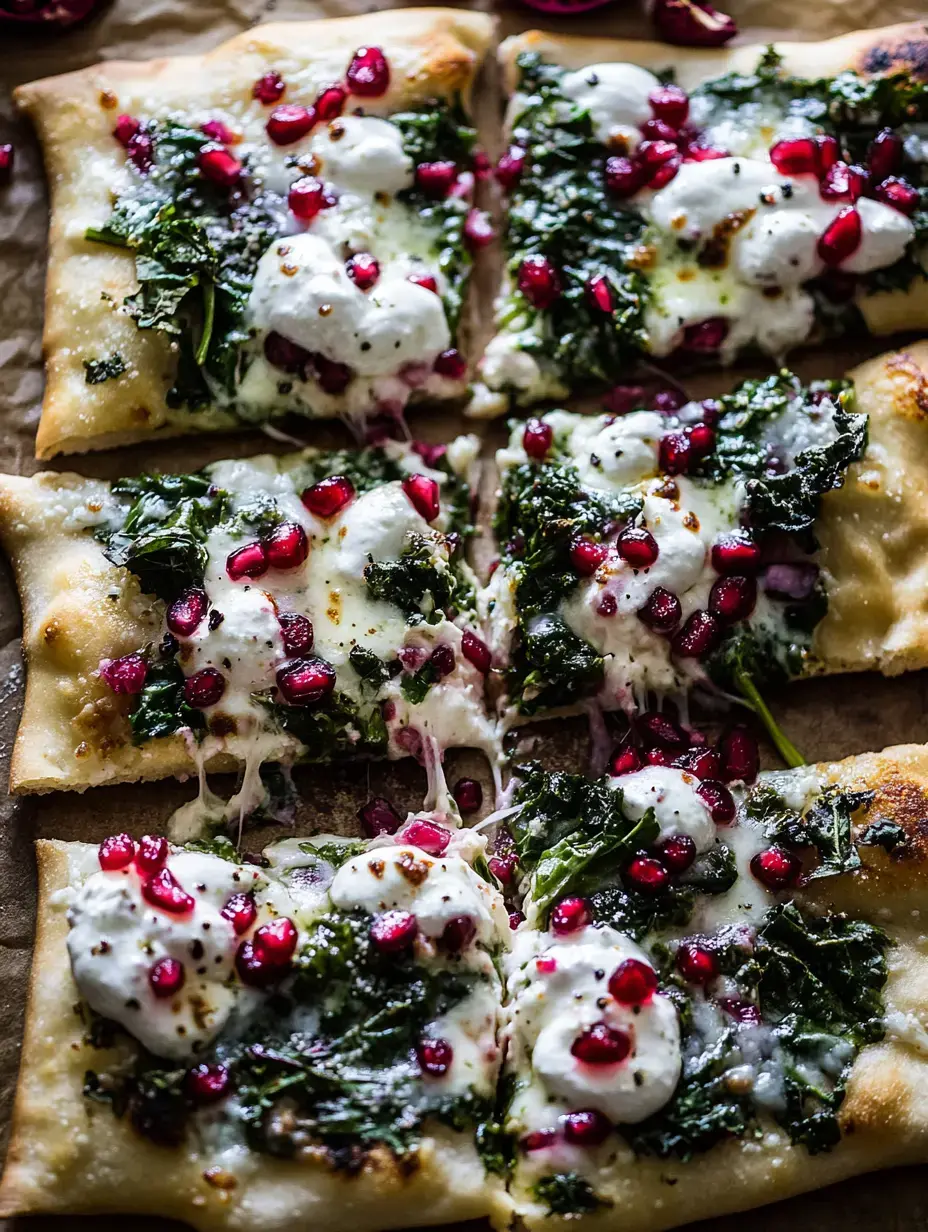 Flatbread fresh from the oven topped with melty cheese, greens, and pomegranate, all sliced and ready to eat on parchment.