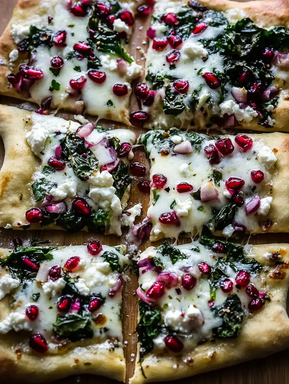 A yummy closeup of pizza slices with gooey cheese, bits of spinach, pomegranate, and onion laid out on a wooden board.