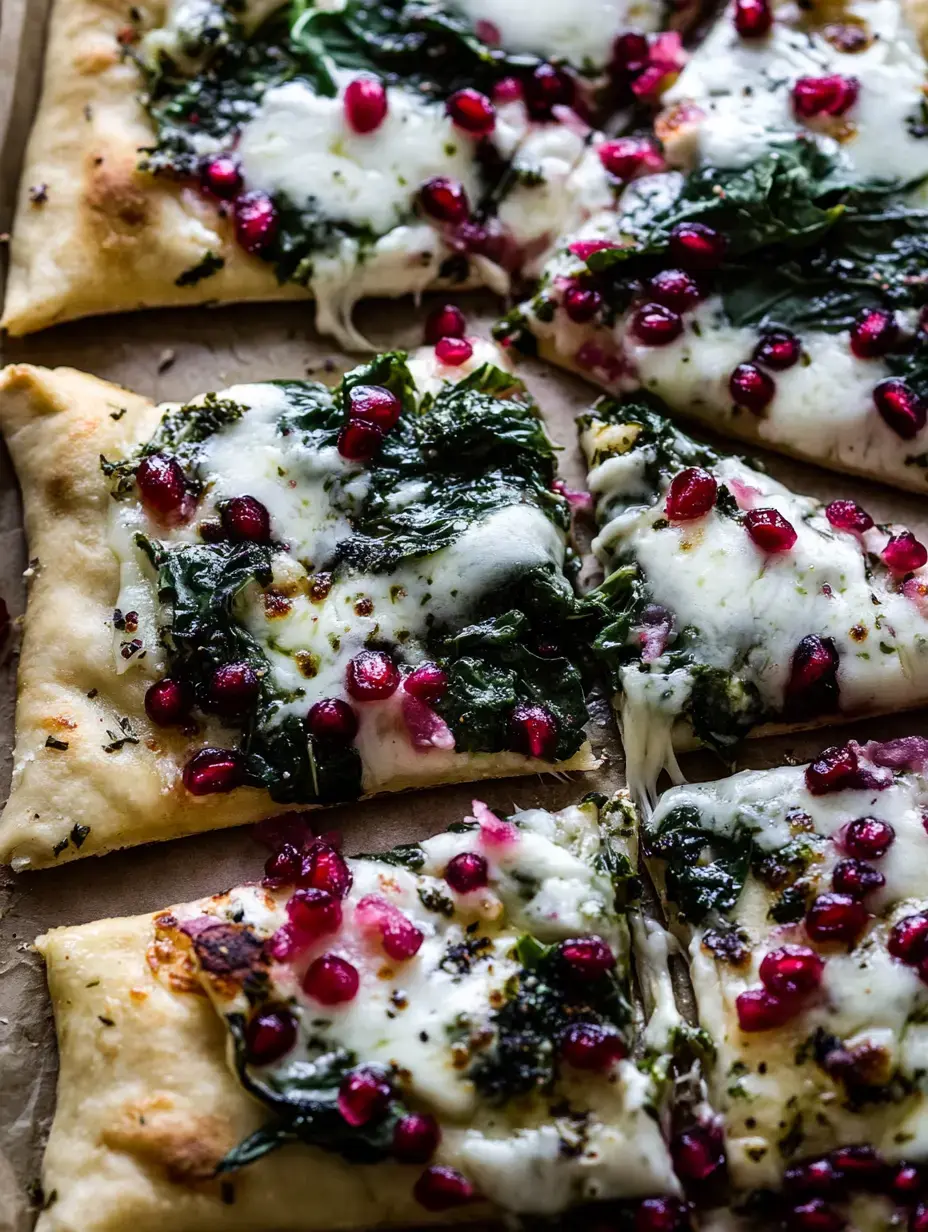 Pizza with spinach, plenty of pomegranate, and gooey cheese, sliced on a parchment sheet ready for sharing.