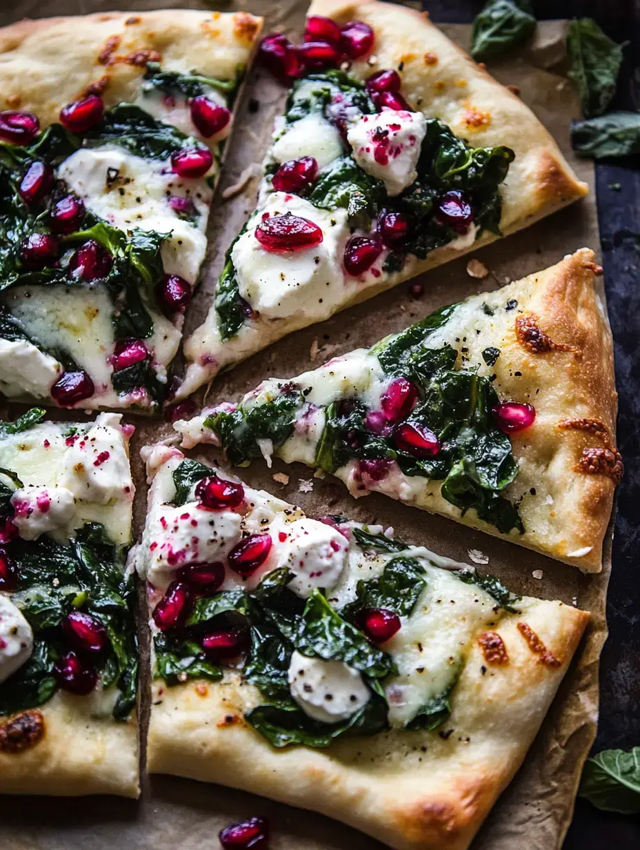 Freshly sliced pizza showing off bright greens, white cheese, and glossy pomegranate on top.